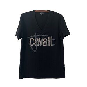 Just Cavalli Black Logo Front Textured Short Sleeve V Neck Tee Tshirt Womens XL